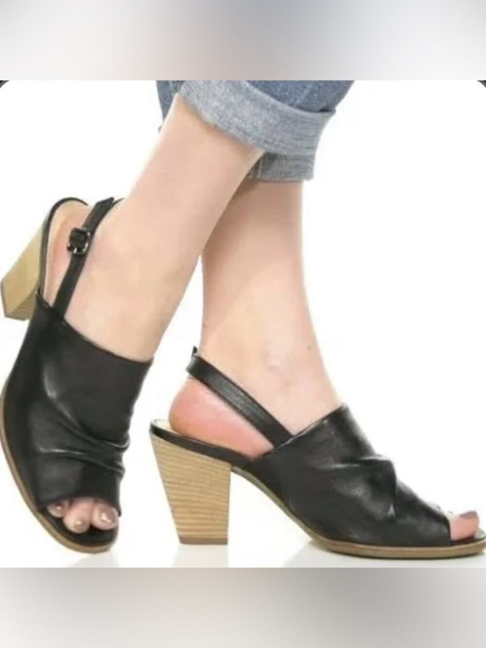 Paul Green Raquel slingback sandals block heel ruched black leather sz Us 9
